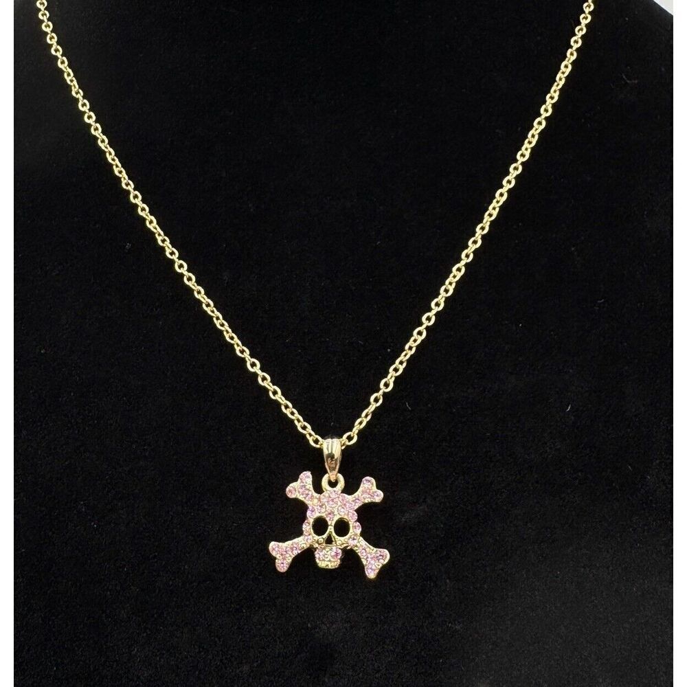 Cookie Lee Gold Tone PavรฉโPink Rhinestone Skull &โ Crossbones Necklace Punk